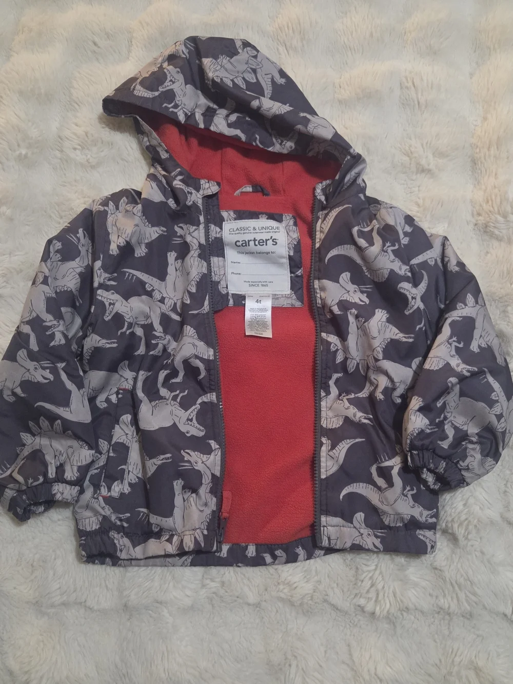 Boys 4T Carter's Hoodie Jacket with Dinosaur Print and Red Lining